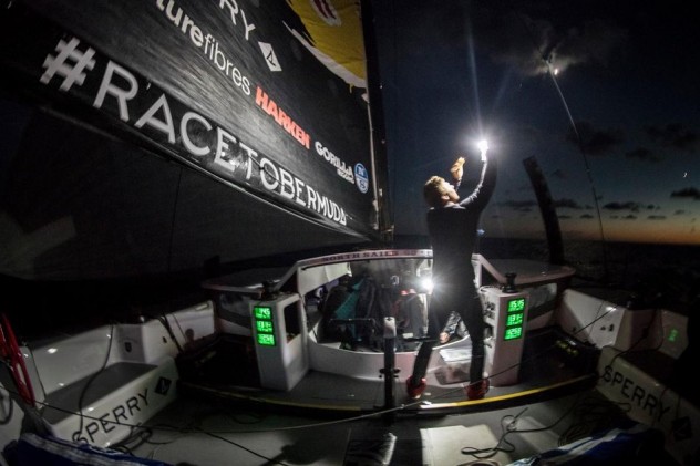 Rome Kirby sails F4 race yacht by torchlight from New York to Bermuda with Team Falcon on November 5, 2016